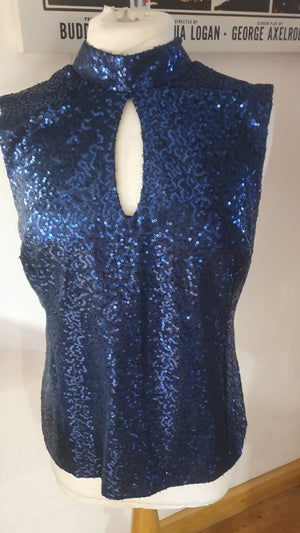 Ladies navy sequin funnel neck keyhole top