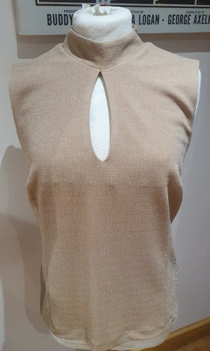 Ladies gold lurex funnel neck keyhole top