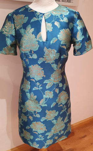 Ladies round neck keyhole blue brocade dress