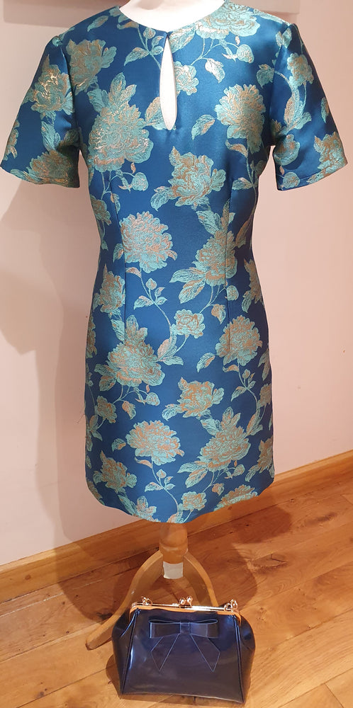 Ladies round neck keyhole blue brocade dress