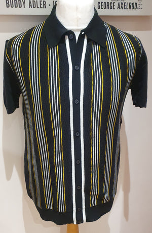 Mens blk stripe knitted button polo