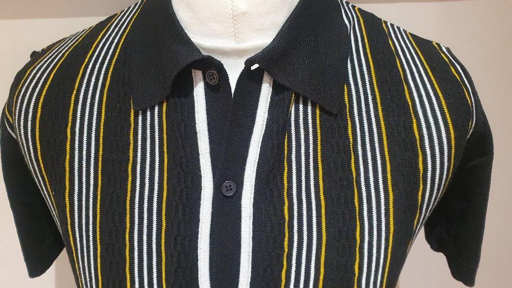 Mens blk stripe knitted button polo