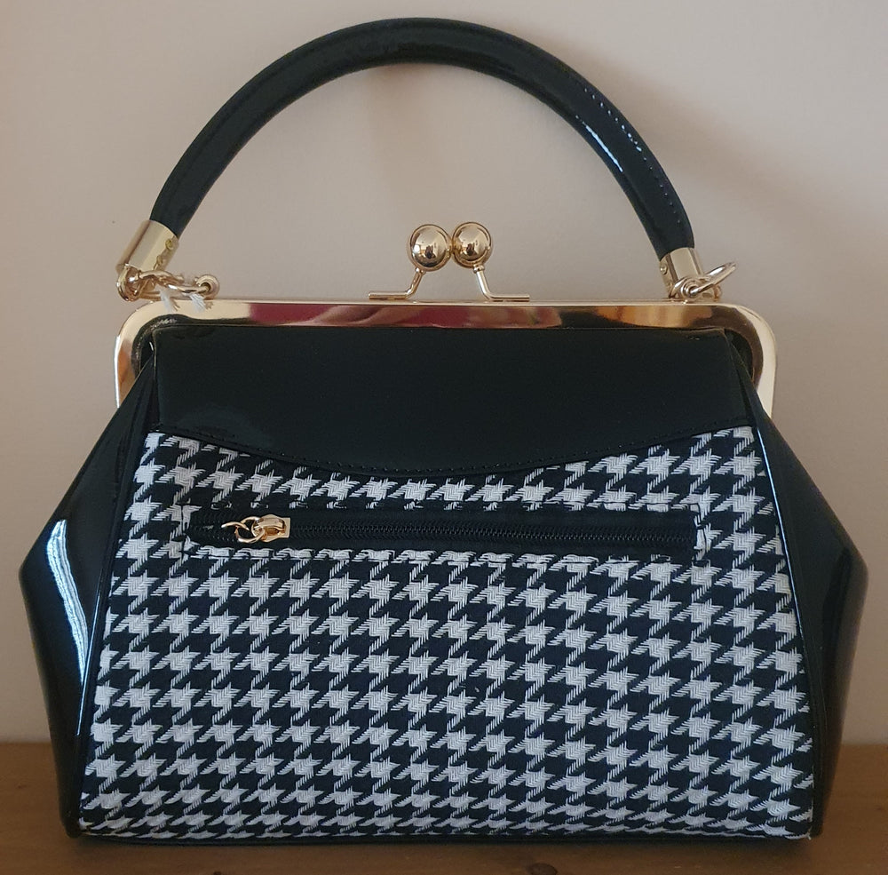 Ladies blk dogtooth tapestry handbag