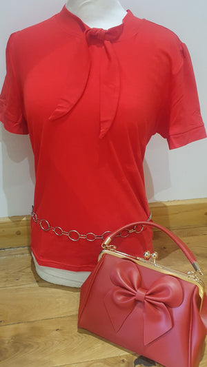 Ladies red tie neck top